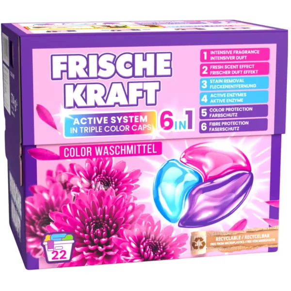 Frische Kraft 6in1 skalbimo kapsulės spalvotiems audiniams 22 vnt. pakuotė
