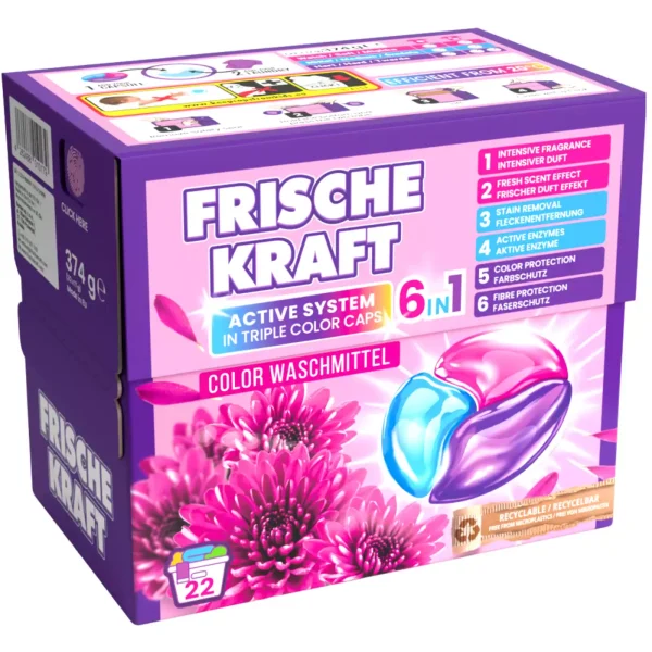 Frische Kraft 6in1 skalbimo kapsulės spalvotiems audiniams 22 vnt. pakuotė